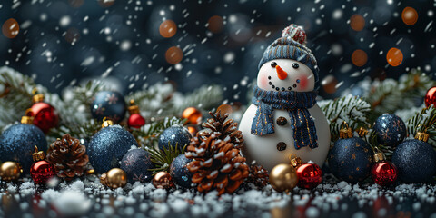 Obraz premium Snowman and pine cone on snow during christmas time. Christmas holiday background with copy space for text. festive decoration. Merry Christmas and Happy New Year