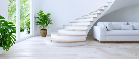 A living room features a white couch beside a staircase, with a potted plant nearby