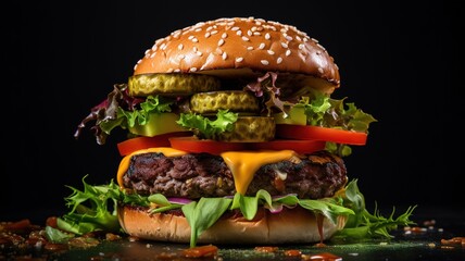 Close-up of home made tasty burgers on wooden table.