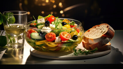 Seasonal summer vegetable salad in a glass bowl on a dark background. Vegan organic food, dietary meal in a rustic style.