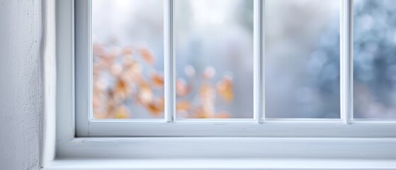 Fototapeta premium A tight shot of a window revealing a tree image on the sill, its edges softly blurred