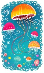 a jellyfish with many different colors and sizes of jellyfishs around it,