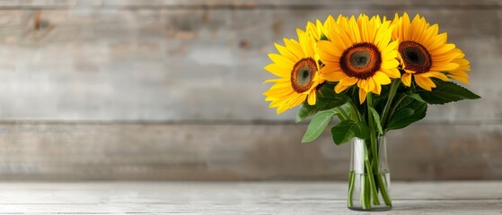  A vase, brimming with sunflowers yellow, atop a wooden table Nearby, a wall of wood, planked