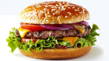 Freshly grilled cheeseburger with a juicy patty, melted cheese, and all the classic toppings, ready to enjoy in every bite.

