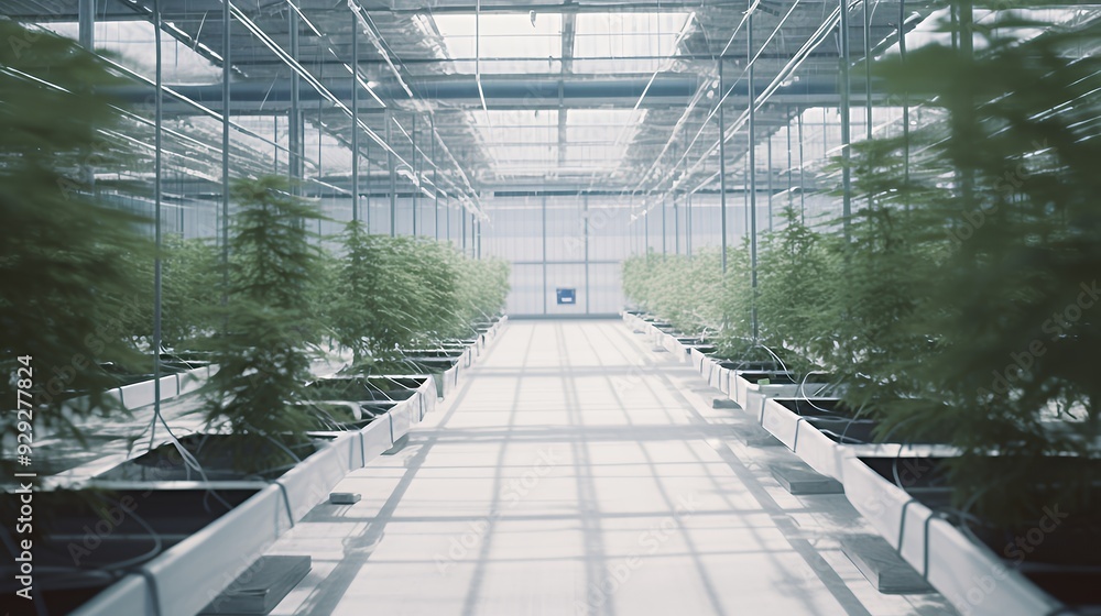 Wall mural a greenhouse filled with healthy cannabis plants under bright, natural light.