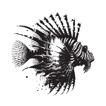 black lionfish graphic on white background clip art preview