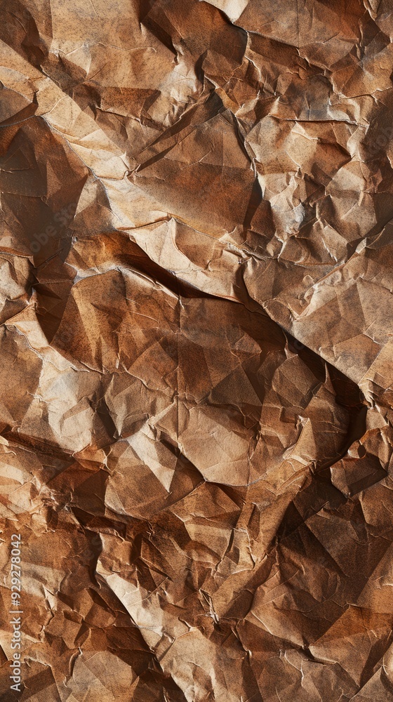 Poster a close-up view of intricately folded and crumpled brown paper, showcasing rich textures and natural