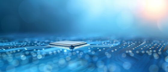  A tight shot of a computer chip atop a blue circuit board, illuminated by a radiant background light