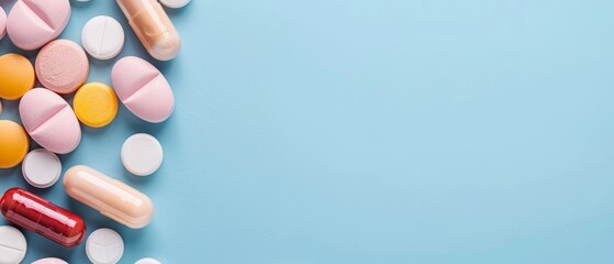 A mound of pills on a blue background The middle pills are red and yellow