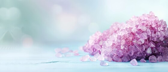  A blue countertop holds a stack of larger pink crystals, while smaller ones are piled beside it