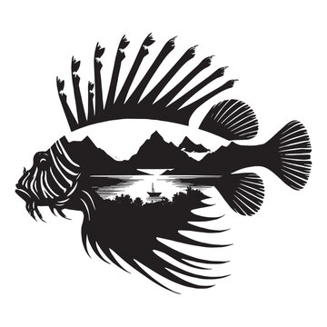 recommend clip art: silhouette of Lionfish filled with mountain and nature view in rough drawing
