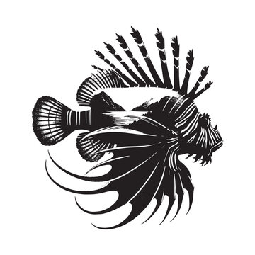 recommend clip art: silhouette of Lionfish filled with mountain and nature view in rough drawing