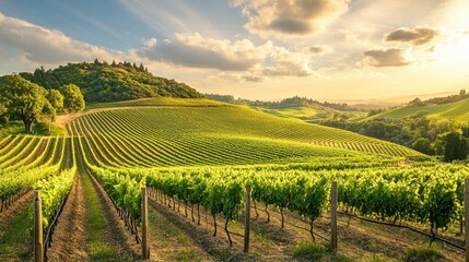 Naklejka premium A picturesque vineyard landscape at sunset, showcasing rows of grapevines and rolling hills.