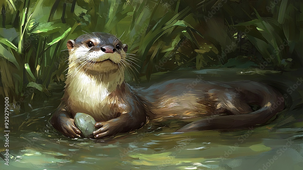 Sticker painting of otter in water with head above surface and grass background