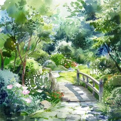 Naklejka premium Hand-drawn Watercolor Garden Landscape with Small Bridge and Bungalow, Architectural Design Element