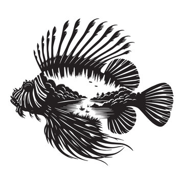 recommend clip art: silhouette of Lionfish filled with river view in rough drawing