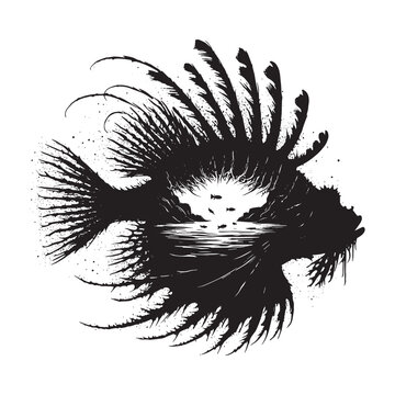 recommend clip art: silhouette of Lionfish filled with river view in rough drawing