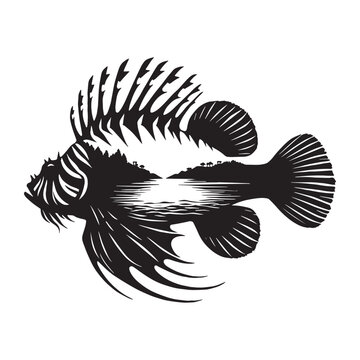 recommend clip art: silhouette of Lionfish filled with river view in rough drawing
