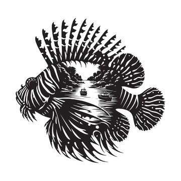 recommend clip art: silhouette of Lionfish filled with river view in rough drawing