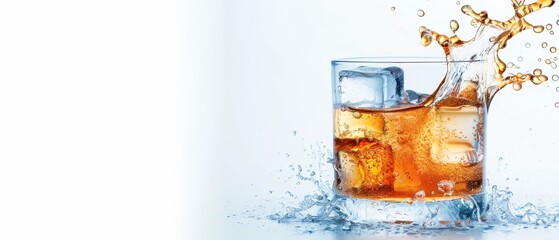  A glass holding ice and water, topped with a splash, features ice cubes at its base