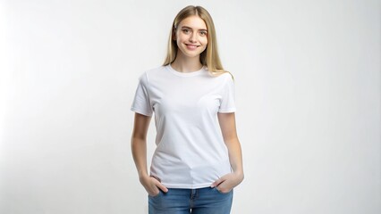 Obraz premium Young woman wearing a blank white t-shirt isolated on a white background, perfect for branding, advertising, and fashion design mockups and presentations.