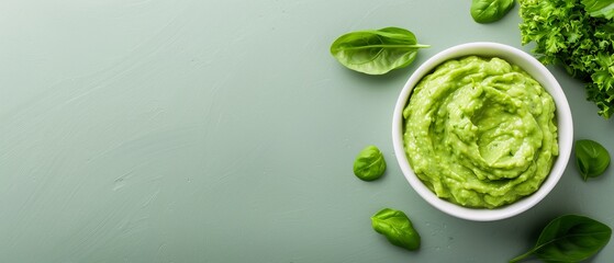 Obraz premium A white bowl holds green guacamole, adjacent to a green leafy plant, atop a verdant surface