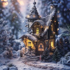 Fototapeta premium Christmas and winter background details of fir forest with ice with magical fairy tale house, Decoration for wallpaper