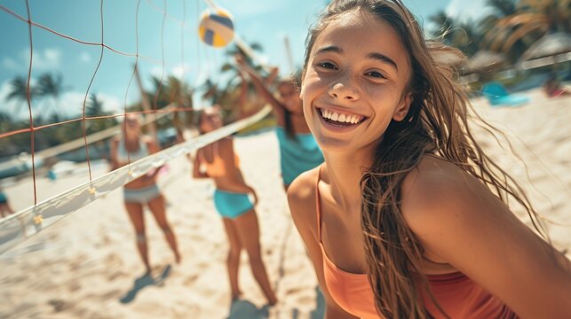 A group of friends enjoying beach volleyball on a sunny day.