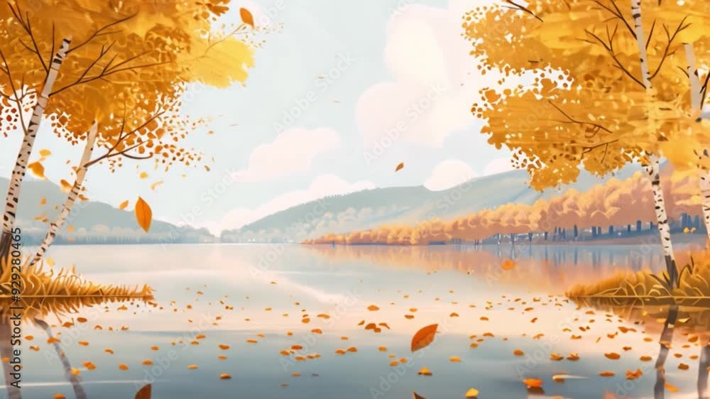 Poster yellow leaves fall from birch trees and float on the surface of a calm lake.