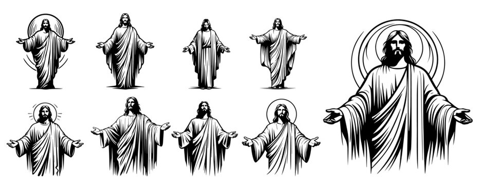 jesus christ standing with arms open in minimalist style, black and white vector collection