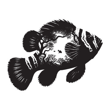 recommend clip art: silhouette of Mandarinfish filled with nature view in rough drawing