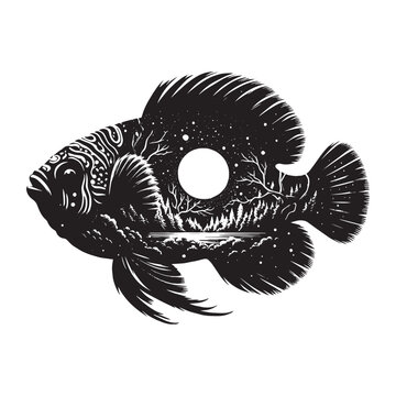 recommend clip art: silhouette of Mandarinfish filled with nature night view in rough drawing