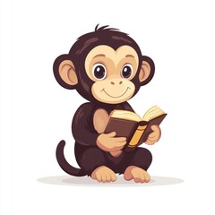Fototapeta premium Cute Cartoon Monkey Reading a Book - Adorable Animal Character with Literature