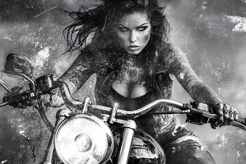 Obraz premium Powerful black and white image of a tattooed woman riding a motorcycle, capturing a gritty, rebellious aesthetic with strong, edgy visual elements, ideal for themes of empowerment and urban style.