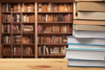 Set of books on table in library, education concept