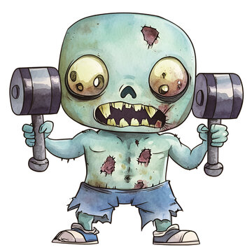 recommend clip art: A kawaii zombie strongman clipart, lifting weights, watercolor style