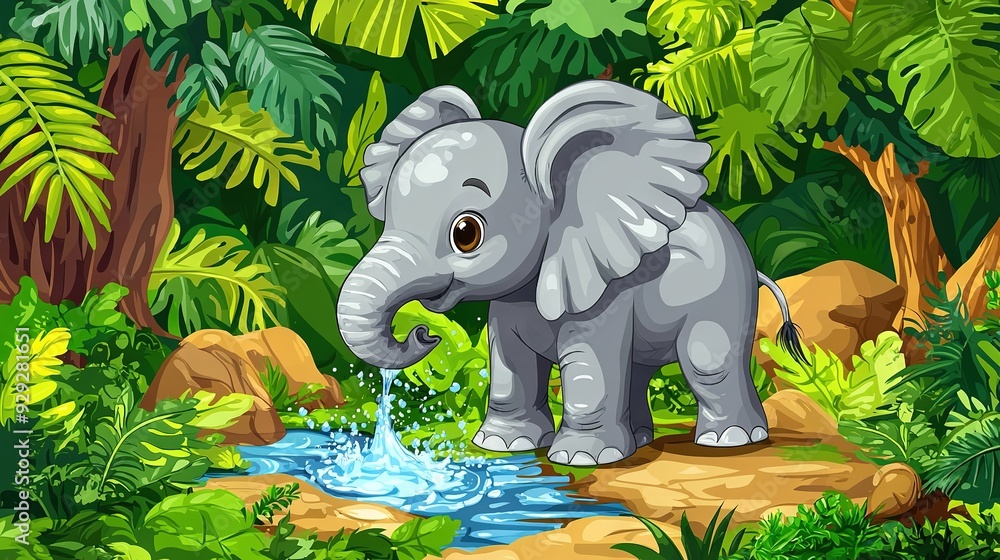 Poster an elephant stands in the middle of the jungle with a stream of water flowing from its trunk