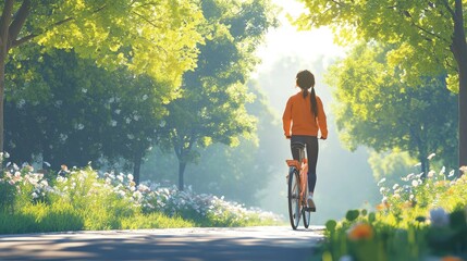 Fototapeta premium Person Cycling in Sunlit Park Surrounded by Trees and Flowers on a Pleasant Day