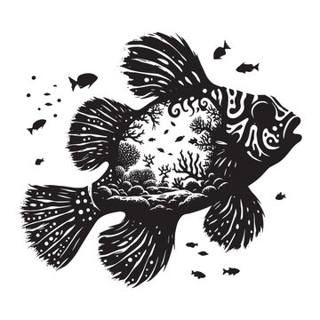 recommend clip art: silhouette of Mandarinfish filled with underwater view with coral in rough drawing