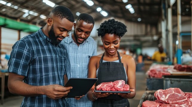 Three friends examine premium meat choices while engaging with a digital device in a vibrant market