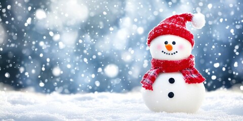 Cute snowman in a knitted hat and scarf standing on the side amidst falling snowflakes - winter holiday promotions, festive greetings, seasonal advertisements