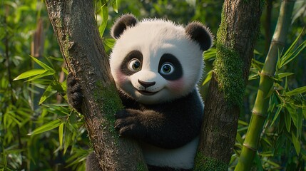 Obraz premium A panda bear sits high in a tree surrounded by a lush green forest, with plenty of leafy branches