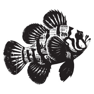 recommend clip art: silhouette of Mandarinfish filled with vintage punk's poster collage wall in rough drawing