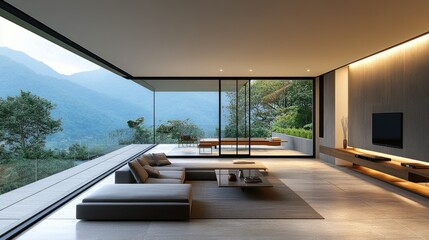 Modern luxury living room with panoramic mountain views through large glass windows