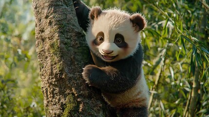 Obraz premium A panda bear skillfully ascending through a dense forest, its limbs adorned with lush greenery