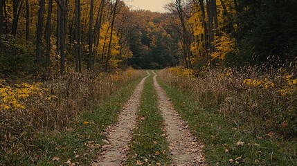 Fototapeta premium A dirt road runs through a dense forest, surrounded by towering trees and vibrant yellow blossoms on either side