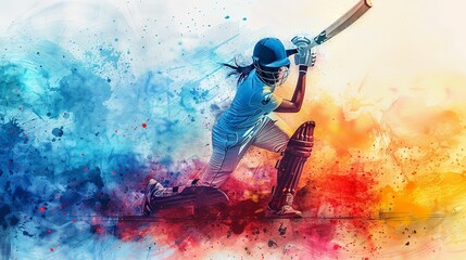 Cricket player batsman doing a pose with a bat shot. technology elements sci fi. Generative AI.
