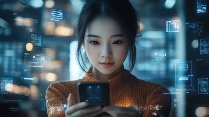 Young Woman Engaging with Futuristic Technology Holograms and Smartphone Interaction