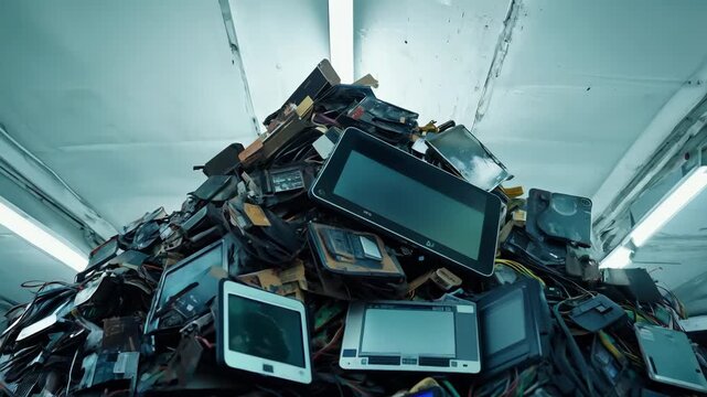 A massive heap of outdated electronic devices and tangled wires fills a warehouse, highlighting the growing issue of electronic waste in urban environments.