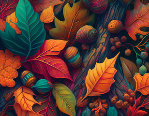 Abstract Illustration of Layered Leaves, Bark, and Acorns with Varied Transparency Levels